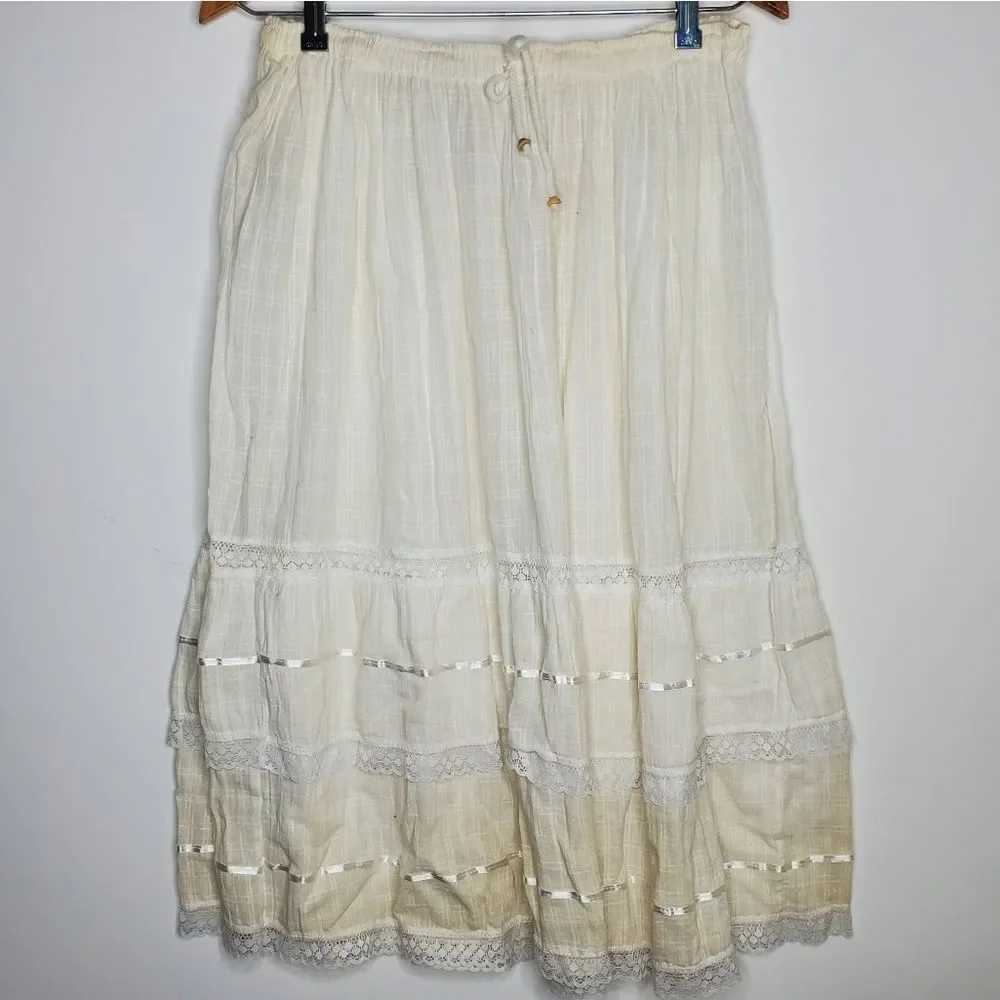 Vintage Artesanias Off White Cream 100% Cotton Gauze Tiered Peasant Skirt Size L